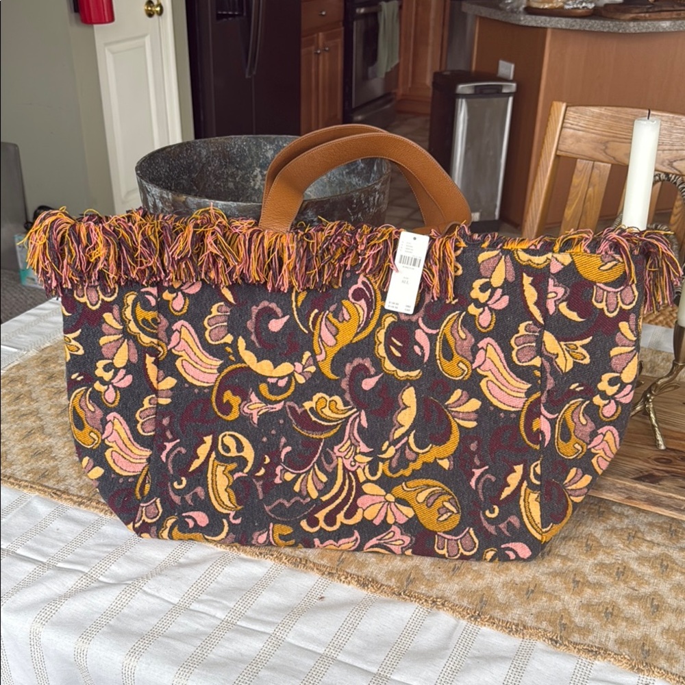 Anthropologie Carpet Bag Tapestry Autumn Paisley Massive Fringed Tote NWT